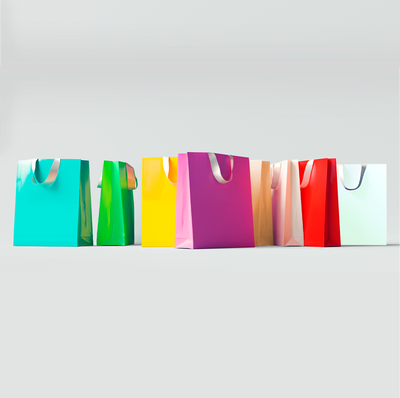 Various shopping and gift bags in bright colors