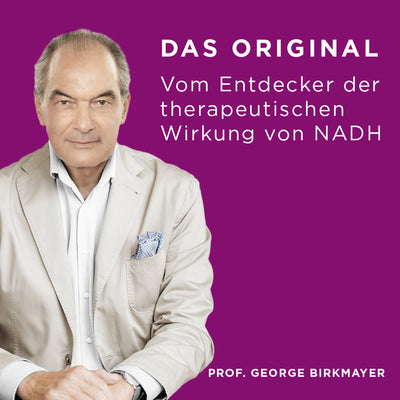 Portrait Prof. George Birkmayer auf Violettem Hintergrund mit Text "Das Original vom Entdecker der therapeuthischen Wirkung von NADH"