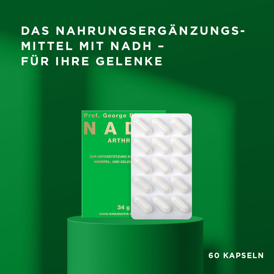Verpackung und Blister NADH Arthros mit Text "Das Nahrungsergänzungsmittel mit NADH für Ihre Gelenke" auf gründem Hintergrund